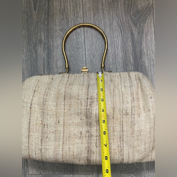 Vintage Tweed Gold Framed Top Handle Tan/Creams Handbag - Picture 13 of 14